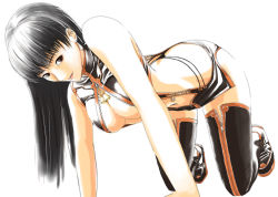 Rule 34 | 1girl, all fours, bell, black footwear, black hair, breasts, brown eyes, center opening, dead or alive, hair down, highres, lei fang, long hair, medium breasts, navel, revealing clothes, simple background, smile, solo, unzipped, user tggn7272, zipper