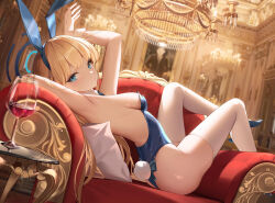 Rule 34 | 1girl, absurdres, alcohol, animal ears, armpits, arms up, backless leotard, bare shoulders, blonde hair, blue archive, blue bow, blue bowtie, blue eyes, blue footwear, blue hairband, blue leotard, bow, bowtie, braid, breasts, chandelier, commentary, couch, cup, detached collar, dodari, drinking glass, fake animal ears, fake tail, hairband, halo, highleg, highleg leotard, highres, leotard, long hair, looking at viewer, lying, medium breasts, official alternate costume, official alternate hairstyle, on back, on couch, playboy bunny, rabbit ears, rabbit tail, sideboob, solo, tail, thighhighs, thighs, toki (blue archive), toki (bunny) (blue archive), very long hair, white thighhighs, wine, wine glass, wrist cuffs