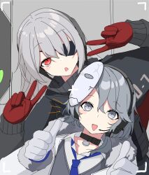 Rule 34 | 1boy, 1girl, absurdres, blue necktie, blush, collar, collarbone, damaged, double v, ear protection, evelyn (neural cloud), eyepatch, fur-trimmed hood, fur-trimmed sleeves, fur trim, girls&#039; frontline neural cloud, gloves, grey eyes, grey hair, headset, highres, hood, jacket, long hair, looking at viewer, magazine (weapon), mask, mask on head, necktie, open mouth, red eyes, red gloves, short hair, simo (neural cloud), smile, thumbs up, v, viewfinder, yanagui