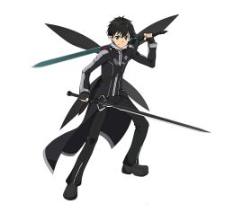 Rule 34 | 10s, 1boy, black eyes, black gloves, black hair, dual wielding, fingerless gloves, full body, gloves, highres, holding, holding sword, holding weapon, kirito, kirito (sao-alo), male focus, official art, pointy ears, short hair, simple background, smile, solo, sword, sword art online, sword art online: code register, weapon, white background, wings