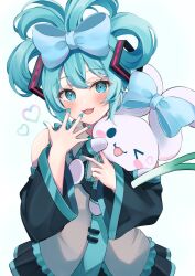 Rule 34 | &gt; o, 1girl, :3, black skirt, black sleeves, blue bow, blush, bow, cinnamiku, cinnamoroll, commentary, detached sleeves, eyelashes, facing viewer, finger to mouth, green eyes, green hair, green nails, green necktie, hair between eyes, hair bow, hand up, hatsune miku, head tilt, heart, highres, ibuki sho, long hair, long sleeves, looking at viewer, miniskirt, nail polish, necktie, one eye closed, open mouth, pleated skirt, sanrio, sidelocks, simple background, skirt, smile, solo, spread fingers, spring onion, straight-on, twintails, upper body, v, vocaloid, white background, wide sleeves