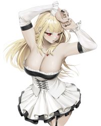 Rule 34 | 1girl, absurdres, armpits, arms up, bad id, bad pixiv id, bare shoulders, black nails, blonde hair, blunt bangs, breasts, cleavage, commission, copyright request, cowboy shot, detached sleeves, dress, frilled dress, frilled sleeves, frills, highres, jewelry, large breasts, long hair, looking at viewer, nail polish, necklace, norunollu, parted lips, red eyes, simple background, sleeveless, sleeveless dress, solo, strapless, strapless dress, white background, white dress, white sleeves