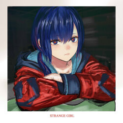 Rule 34 | 1girl, alternate costume, black background, black jacket, blue eyes, blue hair, blush, border, closed mouth, crossed arms, english text, expressionless, hair over shoulder, highres, hood, hood down, hooded jacket, isshiki (ffmania7), jacket, kamitsubaki studio, long sleeves, looking at viewer, low ponytail, multicolored clothes, multicolored eyes, multicolored hair, multicolored jacket, red eyes, red hair, red jacket, rim (kamitsubaki studio), sketch, solo, streaked hair, two-tone jacket, upper body, virtual youtuber, white border, yellow pupils