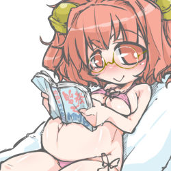 Rule 34 | 1girl, :&gt;, bell, bikini, blush, book, breasts, glasses, hair bell, hair ornament, kureha mitsushige, large breasts, micro bikini, motoori kosuzu, open book, pregnant, reading, red eyes, red hair, short hair, smile, solo, swimsuit, touhou, twintails, two side up