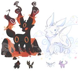 Rule 34 | blank eyes, blue eyes, charamells, coalossal, creature, creatures (company), espeon, flying, frosmoth, full body, fusion, game freak, gen 2 pokemon, gen 8 pokemon, looking at another, looking at viewer, looking back, lava, multiple fusions, nintendo, no humans, orange eyes, pokemon, pokemon (creature), purple eyes, red eyes, rock, simple background, standing, star (symbol), umbreon, white background
