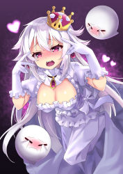 Rule 34 | 1girl, blush, boo (mario), breasts, brooch, cleavage, collar, commentary request, crown, double v, dress, earrings, frilled collar, frilled dress, frilled gloves, frills, full-face blush, gloves, heart, highres, jewelry, large breasts, long hair, luigi&#039;s mansion, mario (series), mini crown, new super mario bros. u deluxe, nintendo, open mouth, princess king boo, puffy short sleeves, puffy sleeves, purple eyes, sharp teeth, short sleeves, solo focus, super crown, tearing up, tears, teeth, tilted headwear, v, very long hair, white gloves, white hair, xuan chu
