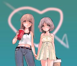 Rule 34 | 2girls, blonde hair, blush, brown eyes, casual, couple, denim, dress, drink, eila ilmatar juutilainen, heart, holding hands, jeans, long hair, looking at viewer, midriff, multiple girls, navel, outdoors, pants, sanya v. litvyak, shiratake, short hair, silver hair, simple background, sky, standing, strike witches, world witches series, yuri
