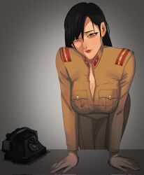 Rule 34 | 1girl, antique phone, black hair, breast pocket, breasts, brown eyes, brown pants, brown shirt, buttons, cleavage, hearts of iron, highres, kaiserreich, large breasts, lips, long hair, military, military rank insignia, military uniform, pants, phone, pocket, rotary phone, shirt, solo, star (symbol), table, uniform, unitedprovinces