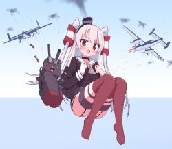 Rule 34 | 1girl, amatsukaze (kancolle), ass, bebetang, brown eyes, fang, full body, garter straps, gloves, grey hair, kantai collection, long hair, long sleeves, looking at viewer, red thighhighs, single glove, solo, thighhighs, white gloves