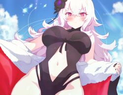 Rule 34 | 1girl, arbiter1, azur lane, black flower, black nails, blue sky, blush, breasts, clothing cutout, cloud, crossed bangs, day, embarrassed, flower, graf zeppelin (azur lane), graf zeppelin (beachside urd) (azur lane), hair flower, hair ornament, highres, long hair, navel, official alternate costume, outdoors, red eyes, sky, stomach, stomach cutout, swimsuit, white hair