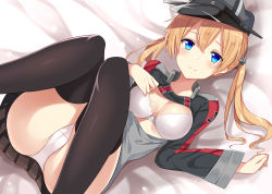 Rule 34 | 1girl, absurdres, bed sheet, black skirt, black thighhighs, blonde hair, blue eyes, blush, bra, breasts, cameltoe, hair between eyes, has bad revision, has downscaled revision, hat, highres, kantai collection, knees together feet apart, legs up, long hair, long sleeves, looking at viewer, low twintails, lying, md5 mismatch, medium breasts, military, military uniform, nagiha kuten, on back, panties, peaked cap, pleated skirt, prinz eugen (kancolle), resolution mismatch, skirt, smile, solo, source smaller, thighhighs, twintails, underwear, uniform, white bra, white panties