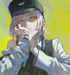 Rule 34 | 1girl, black hat, chainsaw man, closed mouth, collared shirt, commentary request, dino (dinoartforame), earrings, fami (chainsaw man), fourth east high school uniform, gradient background, hand rest, hat, highres, jewelry, long sleeves, looking at viewer, military hat, mole, mole under eye, mole under mouth, multiple moles, off shoulder, orange eyes, peaked cap, ringed eyes, school uniform, shirt, short hair, solo, tassel, tassel earrings, upper body, white hair, white shirt, yellow background