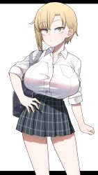 Rule 34 | 1girl, absurdres, akitokage, bag, black bag, black skirt, blonde hair, breasts, clenched hand, collarbone, collared shirt, hand on own hip, highres, large breasts, original, partially unbuttoned, plaid, plaid skirt, school bag, school uniform, shadow, shirt, short hair, skirt, solo, white background, white shirt, yellow eyes, yellow nails