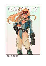 Rule 34 | 1girl, 9-me, :&lt;, ahoge, alternate costume, alternate hairstyle, backpack, bad id, bad pixiv id, bag, belt pouch, blonde hair, blue eyes, bodypaint, border, breasts, cammy white, camouflage, capcom, character name, choker, cleavage, clenched hand, curvy, dated, female focus, fingerless gloves, gloves, goggles, goggles on head, hair down, hand on own hip, highleg, highleg leotard, huge ahoge, knee pads, leotard, long hair, long sleeves, looking at viewer, pouch, solo, standing, street fighter, street fighter v