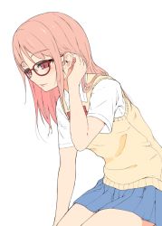 Rule 34 | 1girl, blue skirt, blush, collared shirt, dress shirt, glasses, tucking hair, hand in own hair, hand up, legs together, long hair, original, parted lips, pink hair, pleated skirt, red-framed eyewear, red eyes, shirt, short sleeves, simple background, sitting, skirt, solo, solvalou, sweat, sweater vest, thighs, unfinished, white background, white shirt