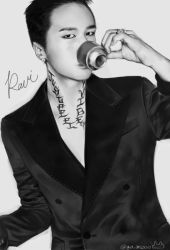 Rule 34 | 1boy, abstract background, body writing, character name, cup, drink, drinking, earrings, jewelry, k-pop, looking at viewer, male focus, monochrome, musician, ravi, realistic, ring, simple background, smoking jacket, solo, vixx, white background
