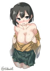 Rule 34 | 10s, 1girl, angry, bad id, bad twitter id, bare shoulders, black eyes, black hair, blush, breasts, cleavage, collarbone, cowboy shot, cropped legs, ebifurya, eyebrows, green skirt, highres, hiryuu (kancolle), inactive account, japanese clothes, kantai collection, kimono, large breasts, long hair, long sleeves, looking at viewer, no bra, off shoulder, one side up, open clothes, open mouth, pleated skirt, short hair, simple background, skirt, solo, sweat, twitter username, white background, yellow kimono