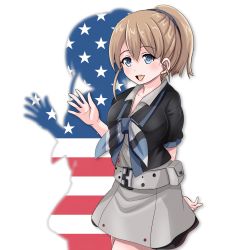 Rule 34 | 1girl, american flag, american flag print, belt, black shirt, blue eyes, brown hair, cowboy shot, flag print, grey skirt, intrepid (kancolle), kantai collection, looking at viewer, multicolored neckwear, neckerchief, open mouth, ponytail, shirt, short hair, silhouette, simple background, skirt, smile, solo, standing, tk8d32, white background