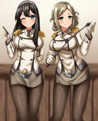 Rule 34 | 2girls, absurdres, alternate breast size, aqua eyes, black hair, black pantyhose, blue eyes, breasts, buttons, commission, cosplay, double-breasted, epaulettes, folded ponytail, gloves, green eyes, grey skirt, hairband, highres, jacket, kantai collection, katori (kancolle), katori (kancolle) (cosplay), large breasts, light brown hair, long hair, medium breasts, military, military uniform, miniskirt, multiple girls, one eye closed, ooyodo (kancolle), ooyodo kai (kancolle), pantyhose, parted bangs, pencil skirt, pixiv commission, pointer, riding crop, skirt, standing, uniform, white gloves, white hairband, white jacket, zanntetu