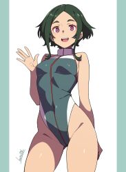 Rule 34 | 1girl, 2024, adapted costume, adapted uniform, asticassia school uniform, batta 16-sei, breasts, collared leotard, covered navel, gluteal fold, green hair, green leotard, gundam, gundam suisei no majo, highleg, highleg leotard, highres, leotard, light smile, looking at viewer, maisie may, medium breasts, open mouth, ponytail, purple eyes, school uniform, short hair, signature, simple background, skin tight, smile, solo, solo focus, standing, teeth, thighs, tongue, upper teeth only, waving, white background
