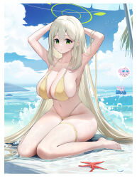 Rule 34 | 2girls, absurdres, arm up, armpits, arms behind head, arms up, bare shoulders, barefoot, beach, beach umbrella, bikini, blonde hair, blue archive, blue sky, blush, breasts, cleavage, closed mouth, cloud, collarbone, day, feet, green eyes, hair between eyes, halo, highleg, highleg bikini, highres, hoshino (blue archive), hoshino (swimsuit) (blue archive), inflatable toy, inflatable whale, kneeling, large breasts, legs, long hair, looking at viewer, malon (chuan2700), multiple girls, navel, nonomi (blue archive), nonomi (swimsuit) (blue archive), ocean, official alternate costume, outdoors, palm tree, parted lips, pink hair, revision, sand, sitting, skindentation, sky, smile, solo focus, starfish, stomach, string bikini, summer, swimsuit, thigh strap, thighs, toenails, toes, tree, twintails, umbrella, very long hair, wariza, water, wet, yellow bikini