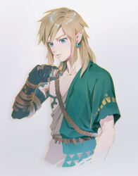 Rule 34 | 1boy, archaic set (zelda), arm tattoo, belt, black skin, blonde hair, blue eyes, chest tattoo, colored skin, cropped torso, earrings, green tunic, grey background, jewelry, link, long hair, male focus, nintendo, pointy ears, simple background, single bare shoulder, smile, solo, suda ayaka, tattoo, the legend of zelda, the legend of zelda: tears of the kingdom