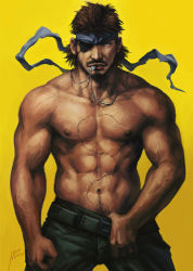 Rule 34 | 1boy, abs, bara, bare pectorals, beard, big boss, brown hair, clothes pull, commentary request, dark-skinned male, dark skin, dog tags, eyepatch, facial hair, headband, konami, male focus, mature male, metal gear (series), mouth hold, muscular, muscular male, navel, navel hair, nick300, nipples, pants, pants pull, pectorals, pulled by self, short hair, solo, stitches, stomach, topless male, wind