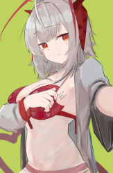 Rule 34 | 1girl, antennae, arknights, asususususu, bikini, body writing, breasts, commentary request, following, green background, grey shirt, highres, horns, large breasts, long sleeves, looking at viewer, navel, open clothes, open shirt, red bikini, red eyes, shirt, short hair, silver hair, simple background, solo, stomach, swimsuit, upper body, w (arknights)