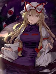 Rule 34 | 1girl, blonde hair, bow, breasts, clothes lift, cloud, commentary request, dress, dress lift, gap (touhou), hair bow, hat, hat ribbon, izuru, large breasts, lifted by self, long hair, looking at viewer, mob cap, outdoors, red bow, red ribbon, ribbon, sidelocks, smile, solo, standing, tabard, touhou, white dress, yakumo yukari, yellow eyes