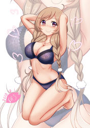 Rule 34 | 1girl, arms behind head, artist logo, barefoot, blue bra, blue panties, bra, braid, breasts, cloud hair ornament, commentary request, dated, full body, gradient hair, kantai collection, kneeling, lace, lace bra, lace panties, large breasts, light brown hair, long hair, looking at viewer, minegumo (kancolle), moke ro, multicolored hair, panties, red eyes, smile, solo, twin braids, underwear, underwear only, zoom layer