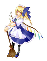 Rule 34 | 1girl, bad id, bad pixiv id, blonde hair, broom, female focus, flandre scarlet, lunica, maid, pantyhose, ponytail, red eyes, rukashima, short hair, side ponytail, solo, touhou, wings