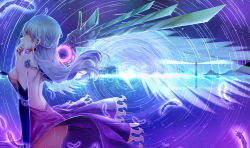 Rule 34 | 1girl, absurdres, adapted costume, ass, back, backless dress, backless outfit, breasts, cleavage, dress, feathers, hair blowing, hand to own mouth, highres, kishin sagume, long hair, looking back, mechanical wings, nail polish, no panties, purple nails, red eyes, shoulder blades, sideboob, silver hair, single wing, skirt, skirt flip, solo, touhou, wallpaper, wings, xuanlin jingshuang