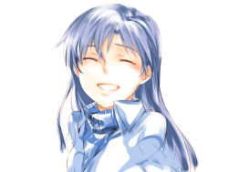 Rule 34 | 1girl, @unko, blue hair, closed eyes, facing viewer, female focus, grin, idolmaster, idolmaster (classic), kisaragi chihaya, long hair, parted lips, portrait, simple background, smile, solo, turtleneck, upper body