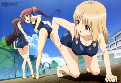 Rule 34 | 10s, 3girls, ass, barefoot, breasts, feet, glasses, highres, jinsei, multiple girls, pool, swimsuit, toes