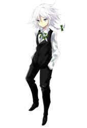 Rule 34 | 1girl, alternate costume, blue eyes, bow, braid, female focus, formal, full body, hair bow, hands in pockets, izayoi sakuya, short hair, silver hair, simple background, solo, touhou, twin braids, ut pictura poesis, vest, white background