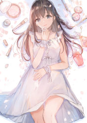 Rule 34 | 1girl, absurdres, blue eyes, bottle, brown hair, cherry blossoms, dress, flower, from above, highres, holding, holding flower, long hair, looking at viewer, lying, makeup, makeup brush, mochitsuki usa, on back, open mouth, original, perfume bottle, petals, resolution mismatch, sleeveless, sleeveless dress, smile, solo, source smaller, spring (season), white dress