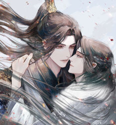 Rule 34 | 2boys, bishounen, black hanfu, blood drip, blue eyes, blue sky, brown hair, chinese clothes, chinese commentary, commentary request, embers, expressionless, eye contact, eyelashes, fur shawl, hair ornament, hanfu, high ponytail, highres, imminent kiss, light smile, liguasu, long hair, looking at another, male focus, multiple boys, orange eyes, outdoors, parted lips, pink lips, shawl, sky, teeth, thick eyebrows, unseen immortal of three hundred years, upper body, very long hair, white hanfu, white shawl, wind, wu xingxue, xiao fuxuan, yaoi