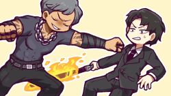 Rule 34 | 2boys, arm tattoo, belt, black hair, black jacket, black necktie, black pants, chest tattoo, closed eyes, collared shirt, commentary request, fire, flaming sword, flaming weapon, formal, grey belt, grey shirt, grin, gyeong-mi (project moon), hatake shimeji, holding, holding sword, holding weapon, jacket, jewelry, library of ruina, long sleeves, male focus, multiple boys, multiple rings, necktie, no nose, outline, pants, project moon, punching, ring, roland (project moon), shirt, short hair, short sleeves, simple background, smile, suit, sweat, sword, tattoo, tight clothes, tight shirt, weapon, white outline, white shirt, yellow background