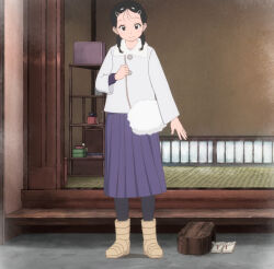 Rule 34 | 1girl, black hair, blush, boots, brown eyes, closed mouth, coat, dot nose, hairclips, herai sumire, highres, indoors, maiko-san chi no makanai-san, sandals, skirt, smile, solo, standing, stitched, tatami, third-party edit