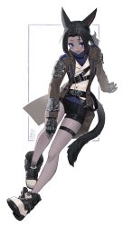 Rule 34 | 1girl, absurdres, animal ears, arm support, belt, black hair, blue eyes, boots, cat ears, cat girl, cat tail, colored skin, final fantasy, final fantasy xiv, gauntlets, grey skin, highres, long coat, looking at viewer, low ponytail, midd night, miqo&#039;te, shorts, solo, tail, tostantan, warrior of light (ff14), white background