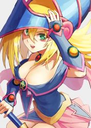 Rule 34 | 1girl, :d, bare shoulders, blonde hair, breasts, cleavage, collarbone, dark magician girl, dress, duel monster, fagi (kakikaki), green eyes, grey background, hand up, hat, large breasts, long hair, open mouth, pink skirt, simple background, skirt, smile, solo, teeth, wizard hat, yu-gi-oh!