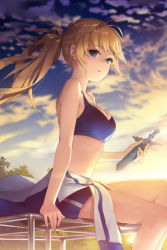 Rule 34 | 1girl, bare shoulders, blonde hair, blue eyes, bra, breasts, cleavage, clothes around waist, cloud, dagger, gym shorts, jacket, jacket around waist, knife, legs, lingerie, long hair, lowres, navel, odien (sword girls), ponytail, shorts, sitting, sky, solo, sports bra, striped, sunset, sword girls, thighs, track jacket, underwear, weapon