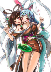 Rule 34 | 2girls, :3, :q, animal ears, bad id, bad pixiv id, bare shoulders, blue hair, blush, bracelet, breasts, brown hair, rabbit ears, rabbit tail, chang&#039;e, chinese clothes, choker, cleavage, green eyes, hagoromo, hair ornament, hair rings, hair stick, heart, highres, hug, hug from behind, japanese clothes, jewelry, long hair, looking at viewer, moon rabbit, multiple girls, off shoulder, open mouth, original, red eyes, shawl, smile, sud (sudea), tail, thighs, tongue, tongue out, wide sleeves, yuri