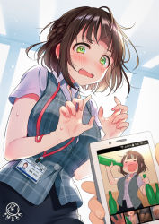Rule 34 | 1girl, ahoge, alcohol, black skirt, blush, bottle, brown hair, buttons, cellphone, collared shirt, commentary request, drunk, fingernails, green eyes, holding, holding bottle, holding phone, id card, looking at viewer, open clothes, open mouth, open vest, original, phone, pov, pov hands, shirt, short hair, short sleeves, skirt, smartphone, solo focus, tsukana (saba mizore), vest, wavy mouth