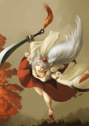 Rule 34 | 1girl, animal ears, detached sleeves, fang, geta, hat, highres, inubashiri momiji, jumping, koshi (koshi vortex), looking at viewer, mountain, open mouth, outstretched arm, red eyes, shield, short hair, silver hair, skirt, solo, sword, tail, tan background, tengu-geta, tokin hat, touhou, tree, weapon, wolf ears, wolf tail