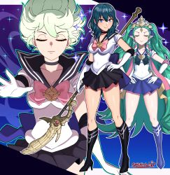 Rule 34 | 2girls, absurdres, alternate costume, areadbhar (fire emblem), bishoujo senshi sailor moon, blue hair, boots, breasts, byleth (female) (fire emblem), byleth (fire emblem), cleavage, closed eyes, enlightened byleth (female), fire emblem, fire emblem: three houses, green hair, highres, knee boots, looking at viewer, medium breasts, multiple girls, nintendo, official alternate hair color, pointy ears, polearm, sailor senshi uniform, sarukaiwolf, scene reference, school uniform, serafuku, skirt, small breasts, smile, sothis (fire emblem), tiara, weapon