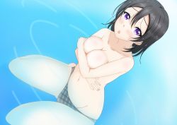Rule 34 | 10s, 1girl, black hair, black panties, blush, breasts, cleavage, covering privates, covering breasts, highres, legs, looking at viewer, love live!, love live! sunshine!!, love live! sunshine!! the school idol movie over the rainbow, medium breasts, miya anko, navel, on water, open mouth, panties, partially submerged, purple eyes, short hair, sitting, solo, topless, underwear, watanabe tsuki, water, wet, wet hair