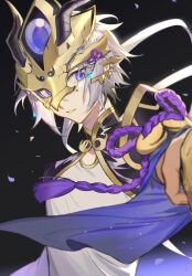 Rule 34 | 1boy, aleo, commentary, fate/grand order, fate (series), grey hair, high collar, highres, horns, male focus, mask, parted lips, petals, prince of lan ling (fate), purple eyes, short hair, sideways glance, solo, tagme, upper body