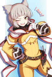 Rule 34 | 1girl, animal ear fluff, animal ears, belt, brown hair, cat ears, cat girl, dagger, gloves, highres, jumpsuit, knife, looking at viewer, nia (xenoblade), one eye closed, shadow, sheath, sheathed, short hair, solo, tongue, tongue out, upper body, weapon, white gloves, white hood, xenoblade chronicles (series), xenoblade chronicles 2, yanu, yellow eyes, yellow jumpsuit