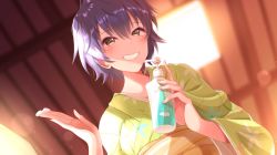 Rule 34 | 1girl, black hair, blurry, blurry background, breasts, brown eyes, character request, commentary request, copyright request, dutch angle, etyaduke, green kimono, grin, hair between eyes, holding, japanese clothes, kimono, looking at viewer, lotion bottle, orange sash, short hair, small breasts, smile, solo, yukata